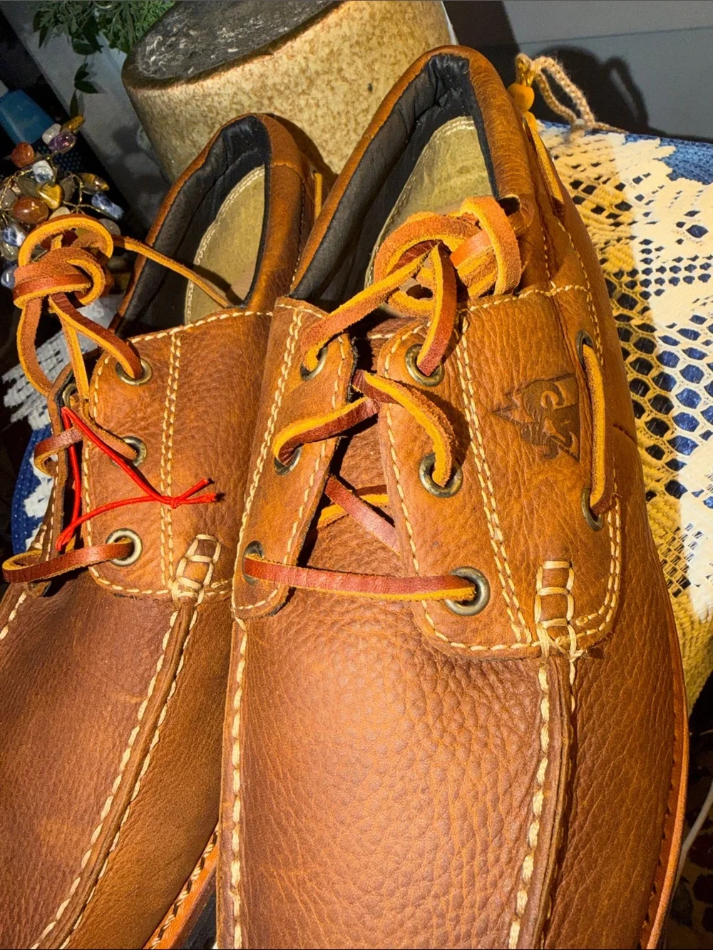 Rocky Men’s 9.5 Leather Boat Shoes Brown Vibram Lug Sole Moc Toe.